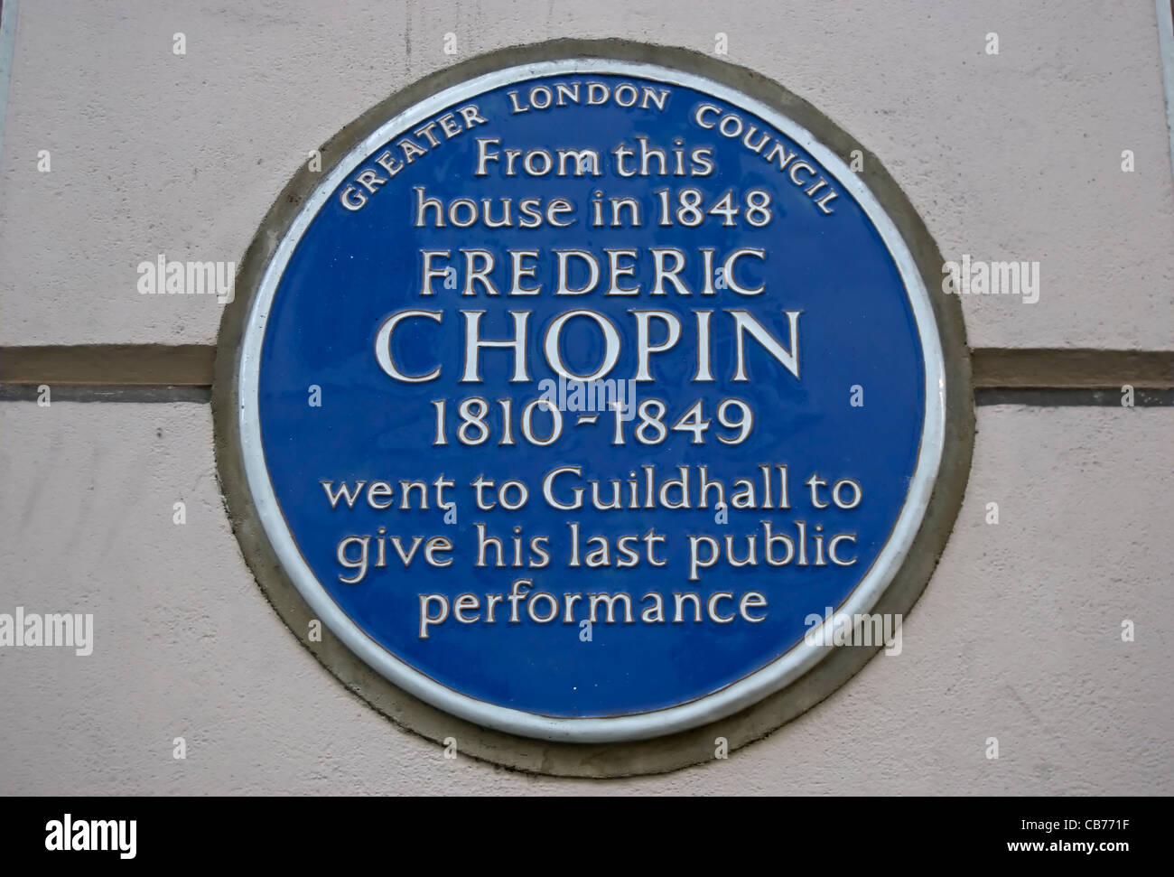 blue plaque marking the house from which, in 1848, composer and pianist frederic chopin left to give his last public performance Stock Photo