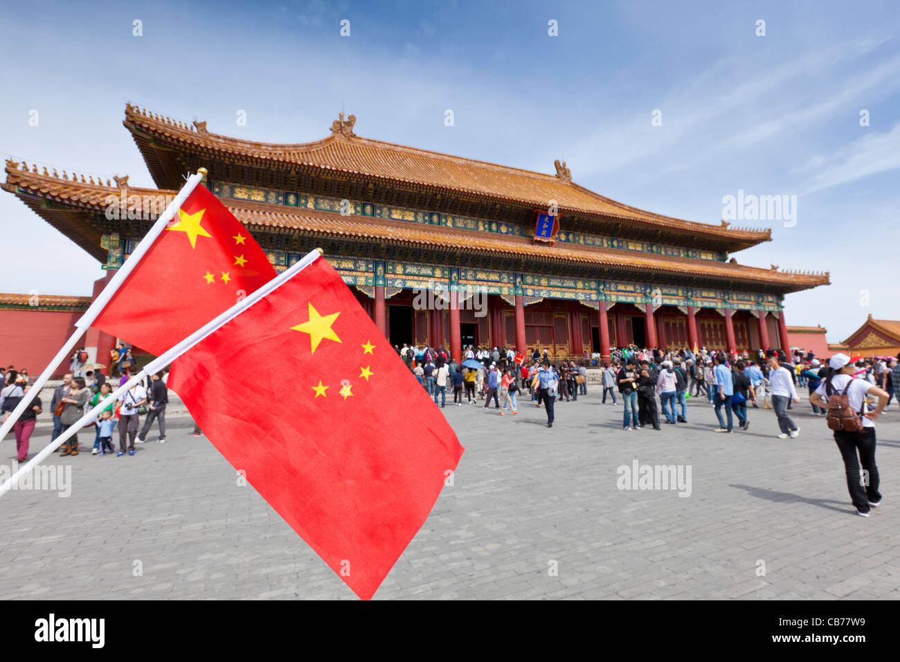 Two chinese flags by the Hall of Supreme Harmony, Outer Court, Forbidden City, Beijing, Peoples Republic of China, Asia Stock Photo