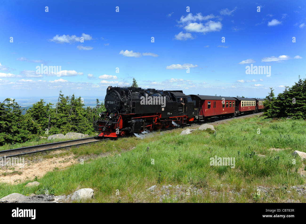 Harz mountain railway Steam locomotive approaching the summit of Brocken in Germany Stock Photo
