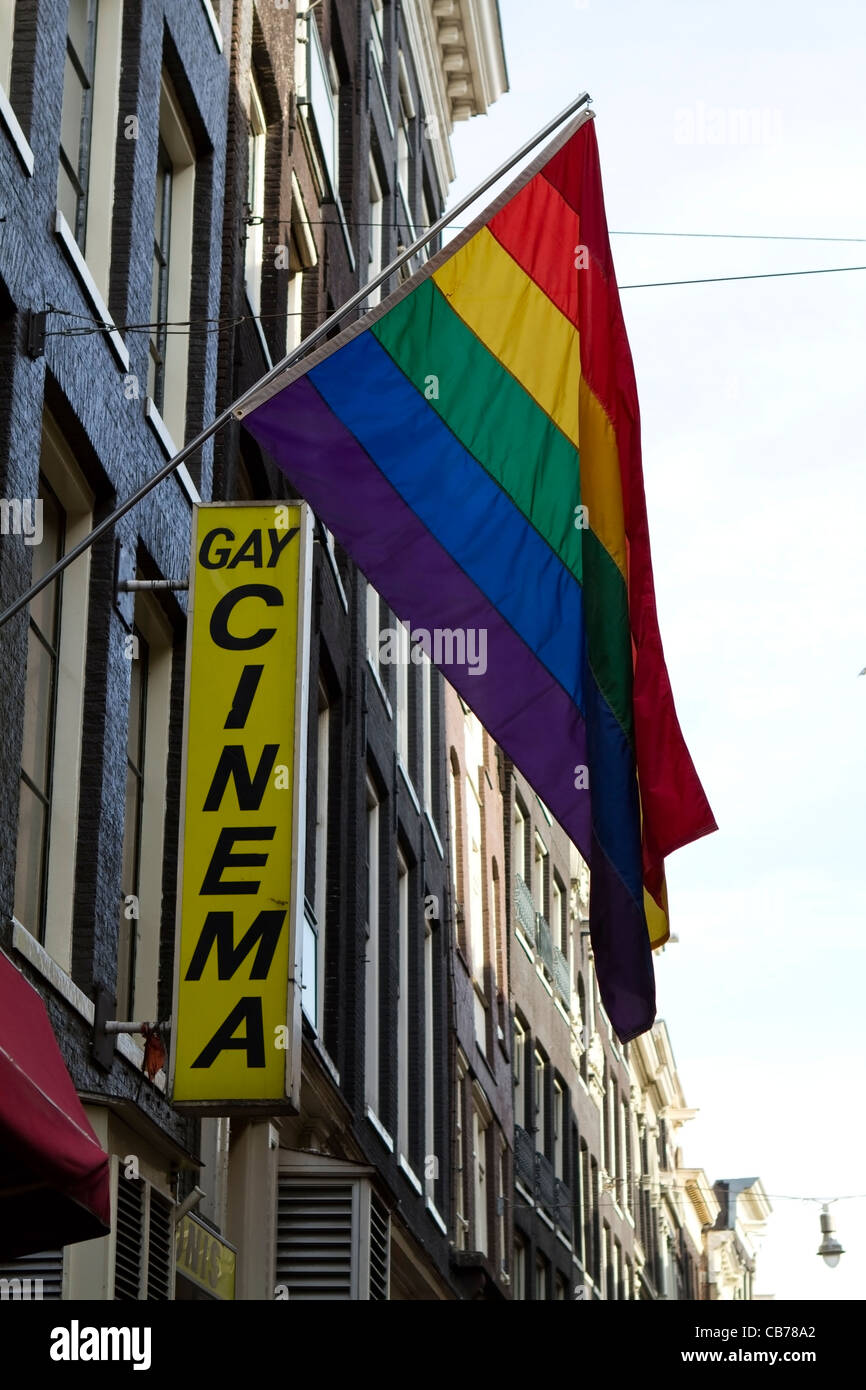 Rainbow flag in the red light district of Amsterdam, Netherlands Stock