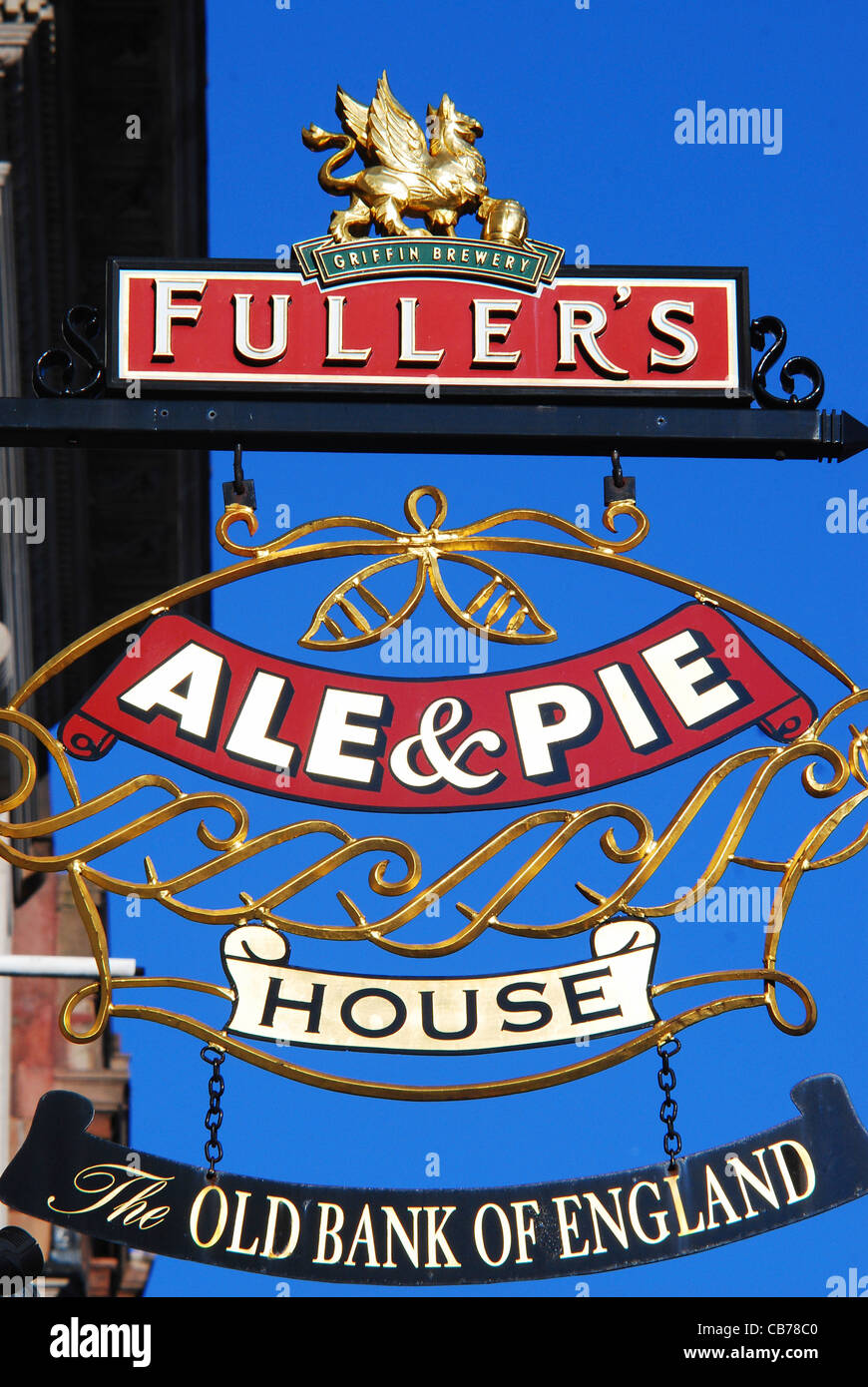 The sign of the Fuller's Ale & Pie House pub 'The Old Bank of England'  at 194 Fleet Street, London, UK on a sunny Summers day. Stock Photo