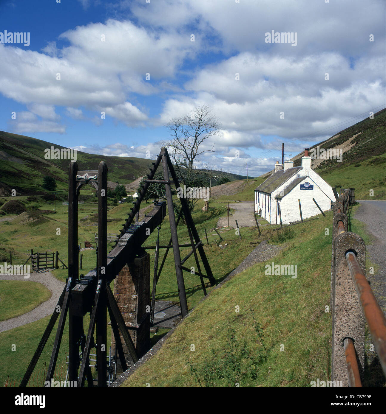 Former Miners Cottages and Beam Engine at Wanlockhead Village, Dumfries and Galloway, Scotland, UK Stock Photo