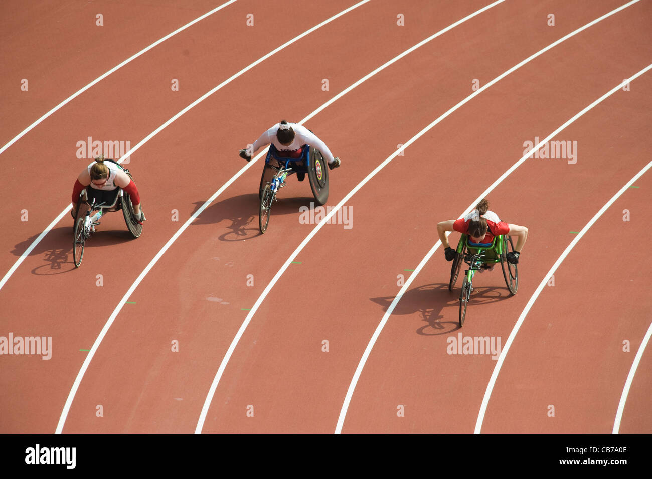 athletic competition at the Beijing 2008 Paralympic Games shows heat two of the women's T53 200-meters wheelchair race Stock Photo
