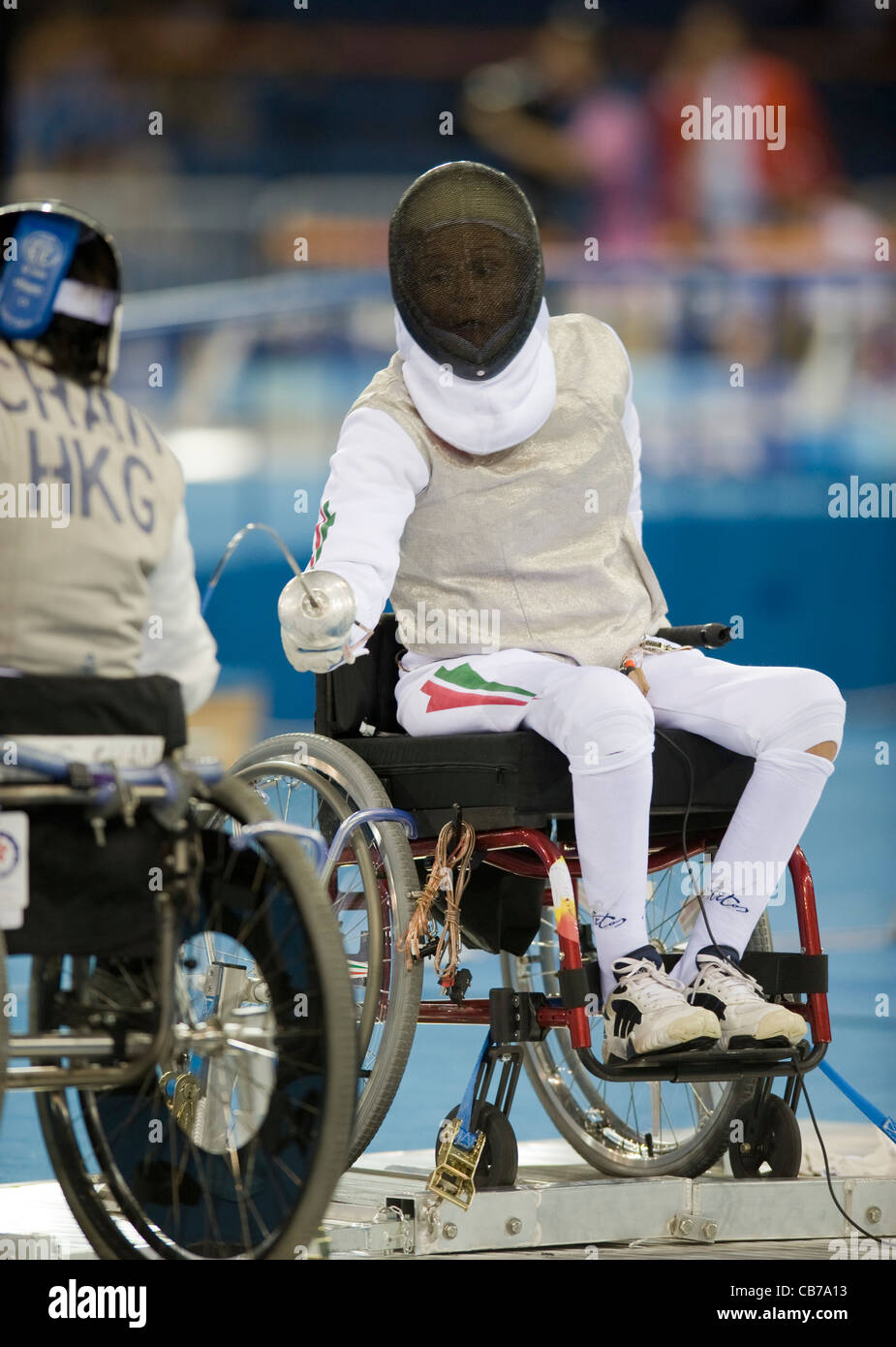 2008 Paralympic Games Gyongyi Dani of Hungary (l) against Yui Chong Chan of Hong Kong (l) in women's individual epee wheelchair Stock Photo