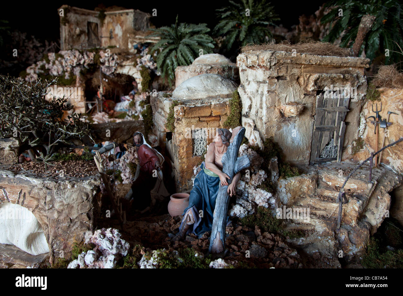 An artistic crib built from polythene and peopled with biblical figures for show during Christmas in Xaghra in Malta. Stock Photo