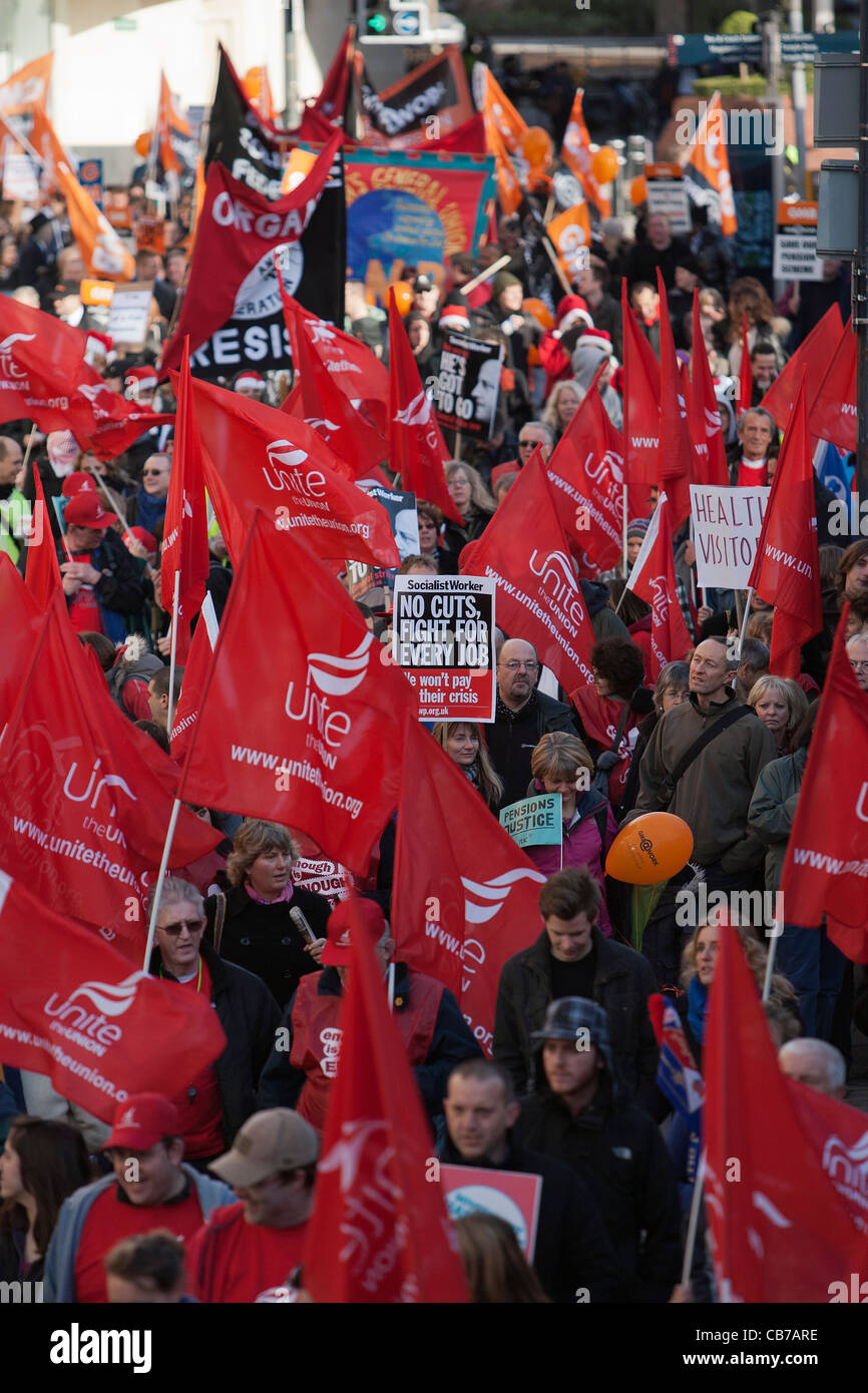 Protesters take part in the N30 Day of Action. Public Sector workers on Strike are pictured taking part in a protest march and Rally in Bristol. Stock Photo