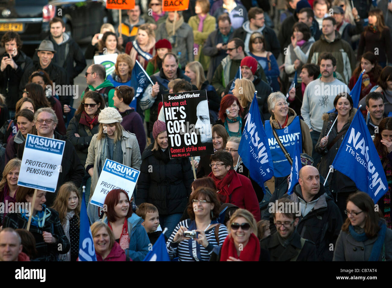 Protesters take part in the N30 Day of Action. Public Sector workers on Strike are pictured taking part in a protest march and Rally in Bristol. Stock Photo