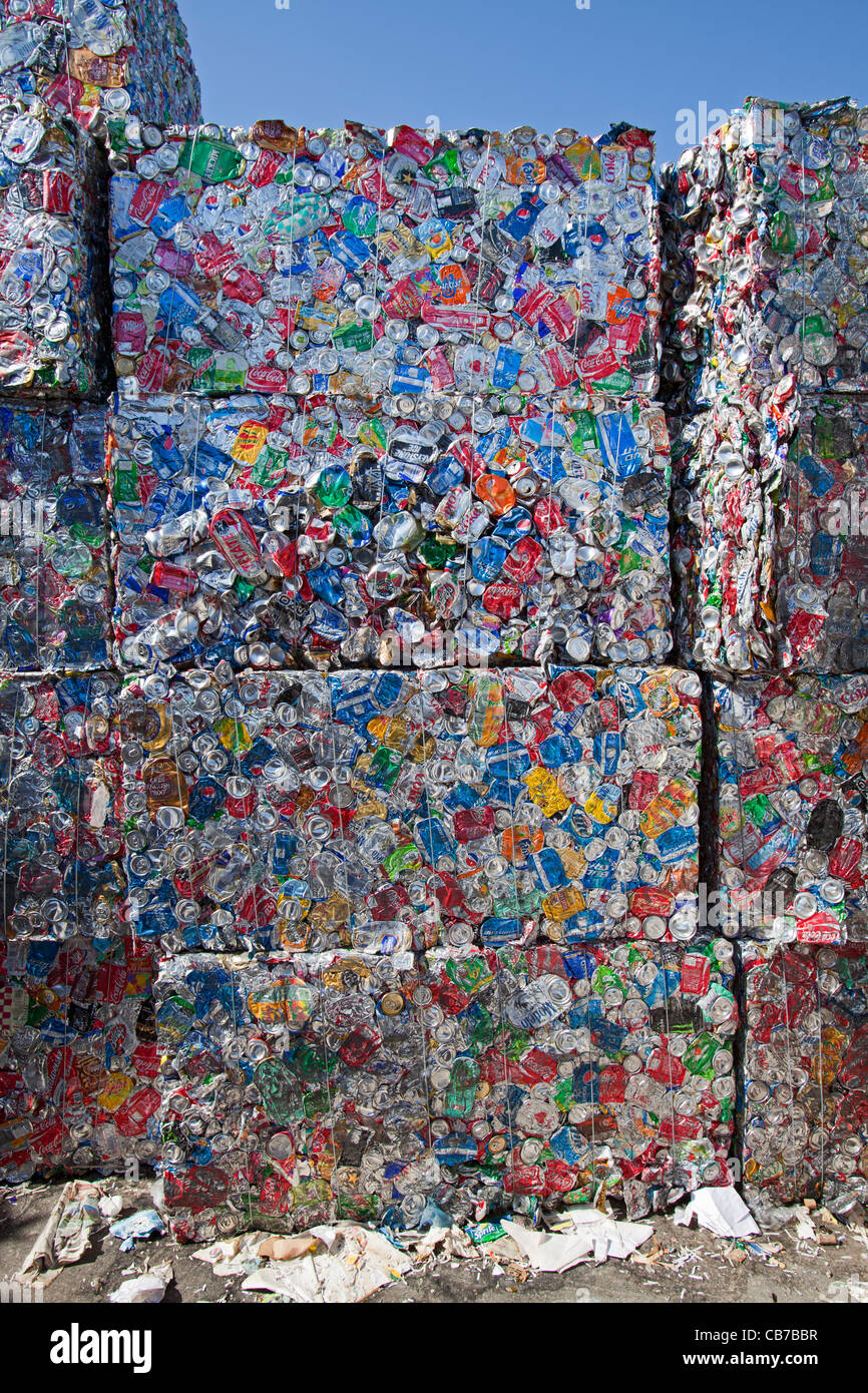 Stacks of Aluminum cans. Recycling Center, Los Angeles, California, USA
