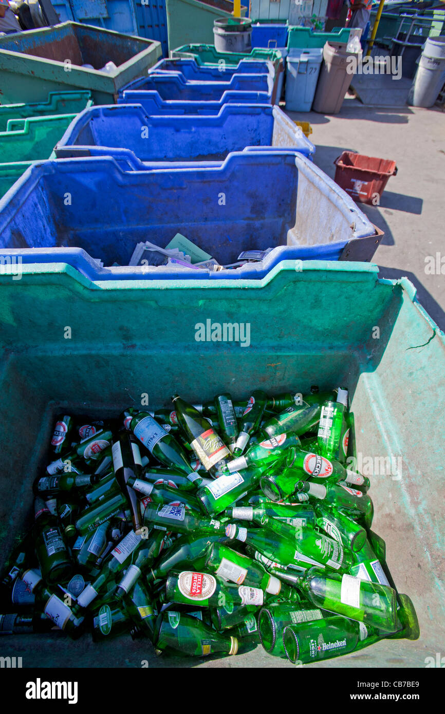 Glass bottles in bin at Recycling Center, Los Angeles, California, USA