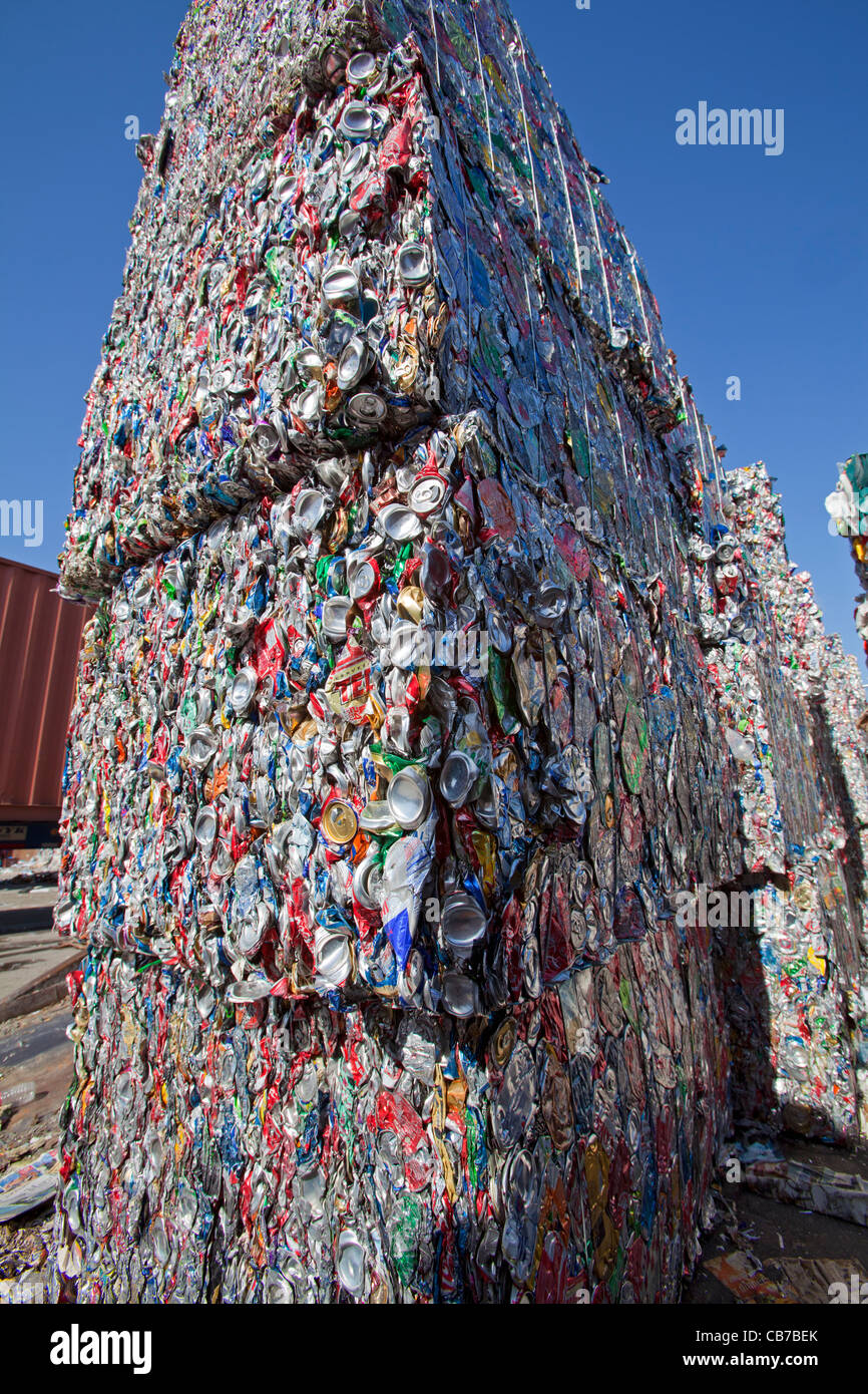 Stacks of Aluminum cans. Recycling Center, Los Angeles, California, USA