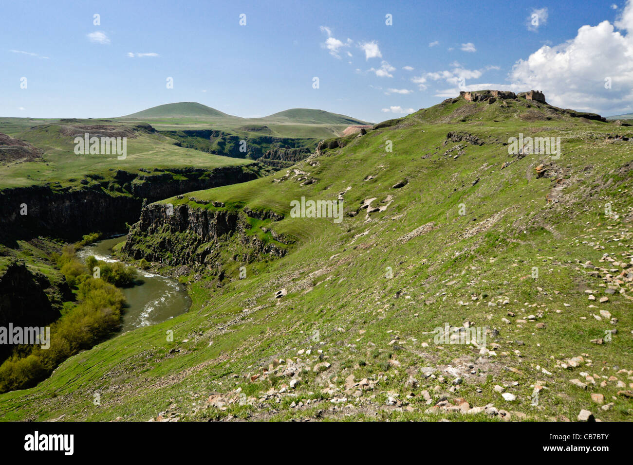 Ruins of citadel at Ani (Eastern Anatolia, Turkey) and view into Armenia Stock Photo