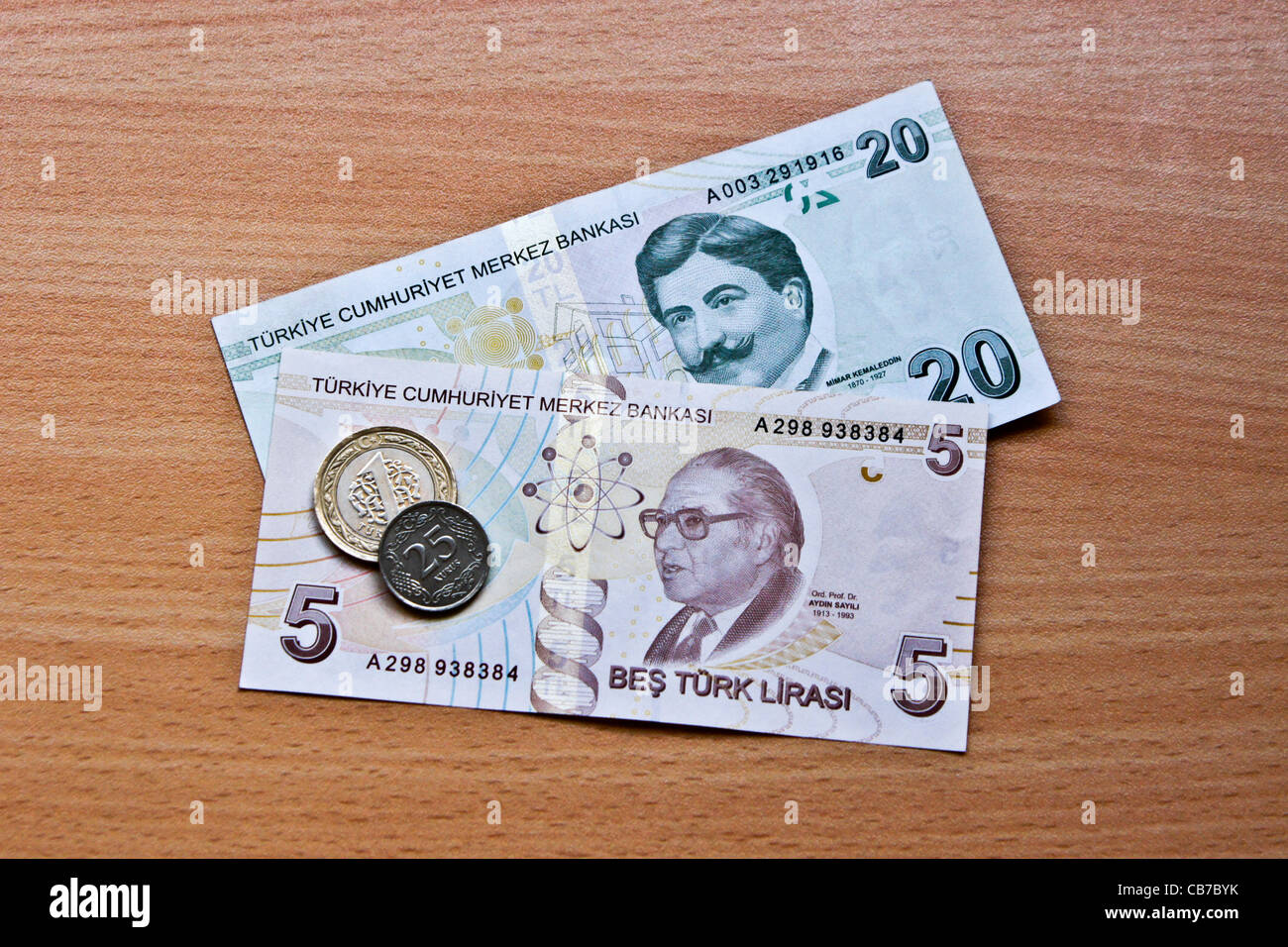 Reverse side of Turkish money (lira) and coins Stock Photo