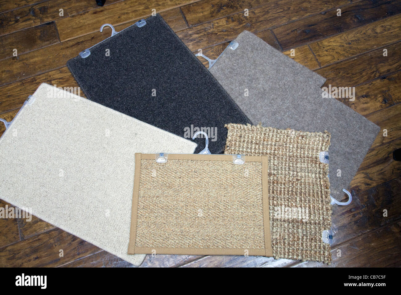 Environmentally friendly carpet, rug and padding samples includes Jute, wool, Sisal and Seagrass Stock Photo