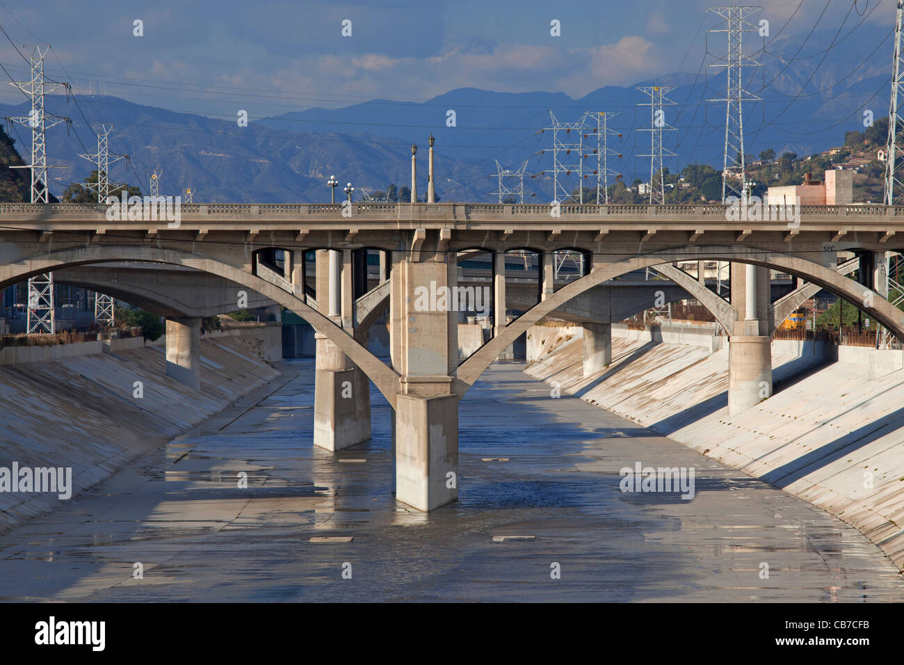 Spring Street Bridge over the Los Angeles River, Downtown Los Angeles, California, USA Stock Photo