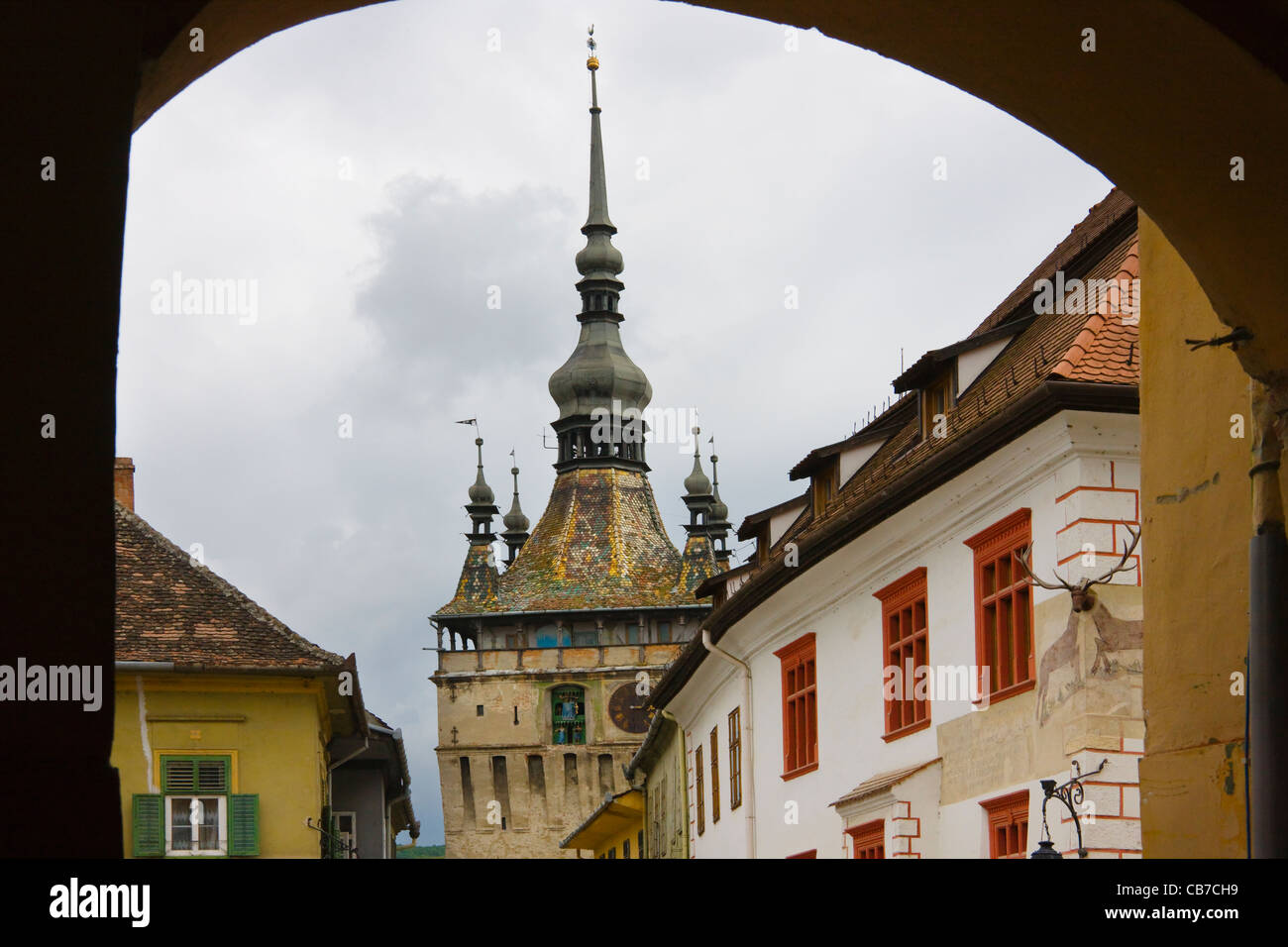 Clock Tower in Sighisoara, UNESCO World Heritage site, Romania Stock