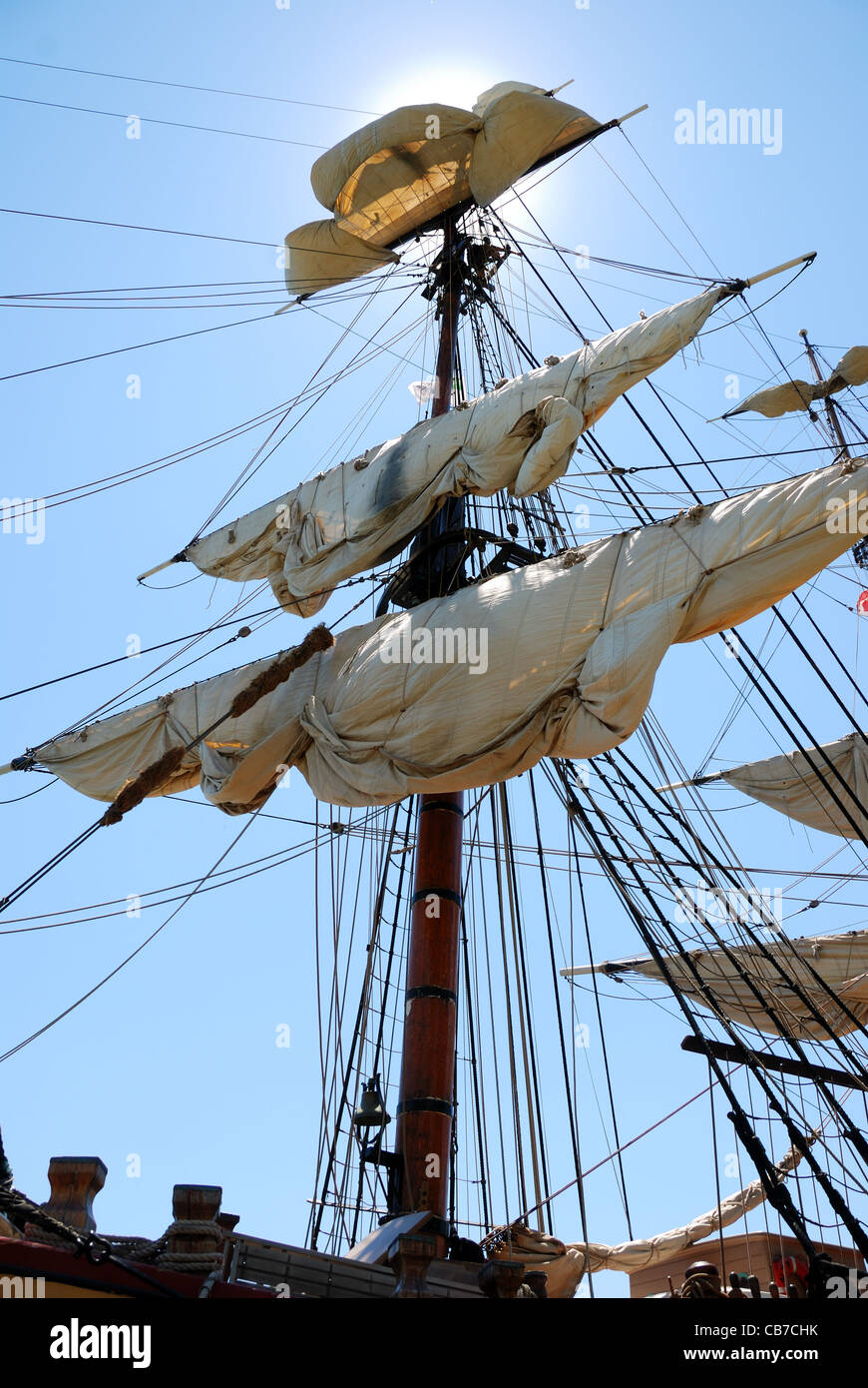 The rigging and sails of the HMS Bounty being readied for sailing. Tragically the vessel sank during Hurricane Sandy in 2012 Stock Photo