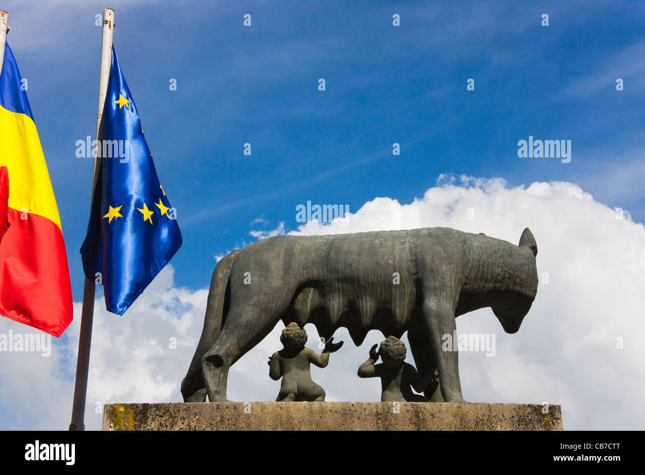 Sculpture of she-wolf suckling Remus and Romulus in Sighisoara, UNESCO World Heritage site, Romania Stock Photo