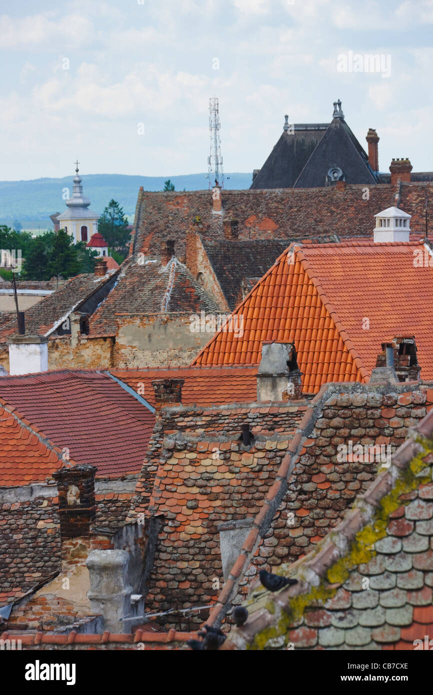 Old houses with red roof, Sibiu, Romania Stock Photo