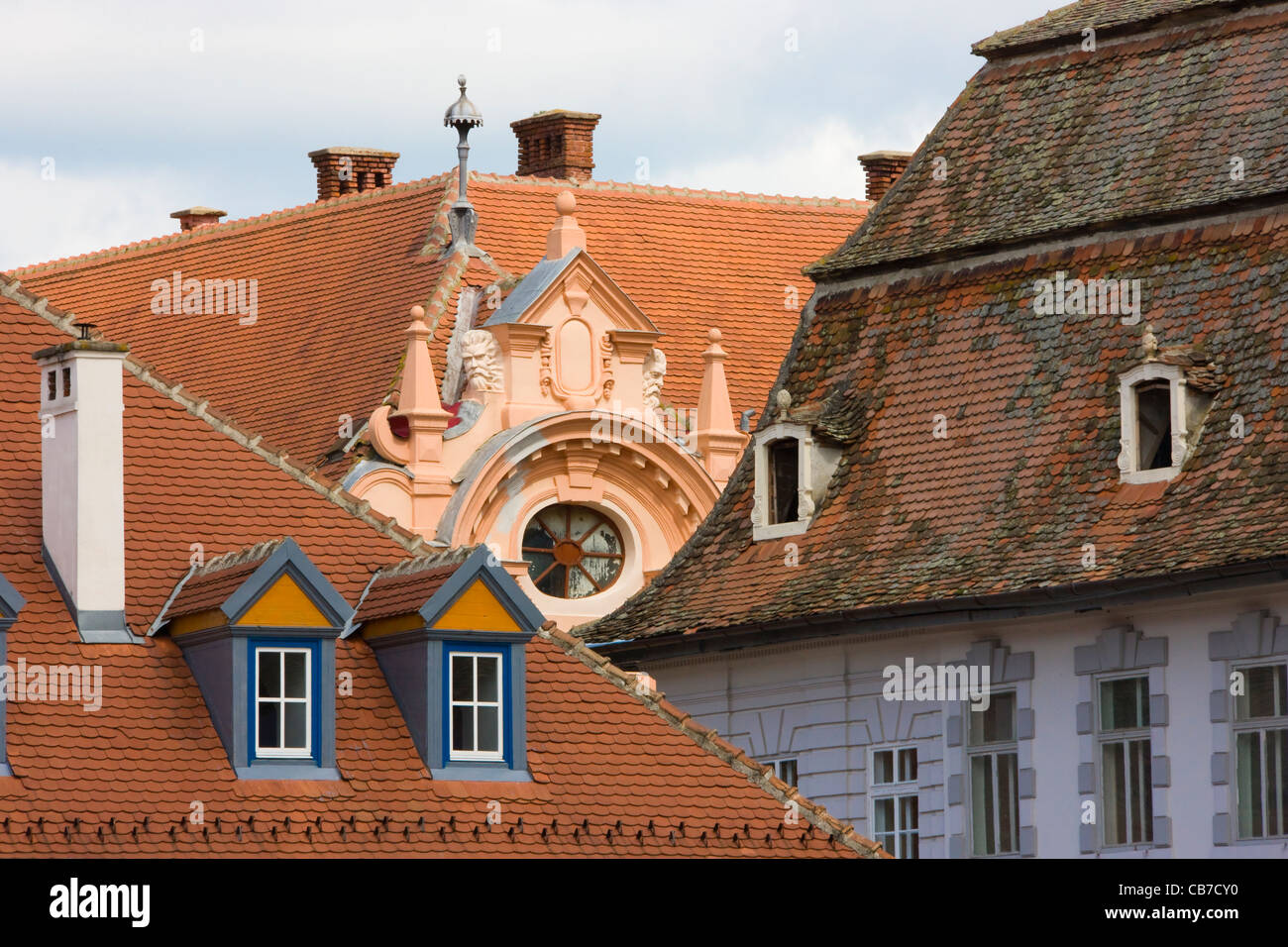 Old houses with red roof, Sibiu, Romania Stock Photo