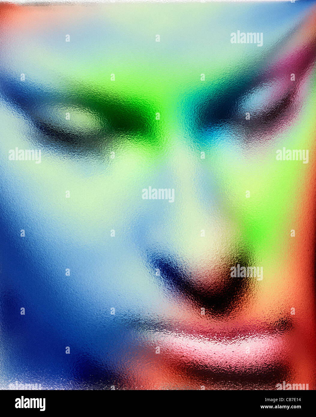 distorted dreaming colourful face through wavy glass Stock Photo