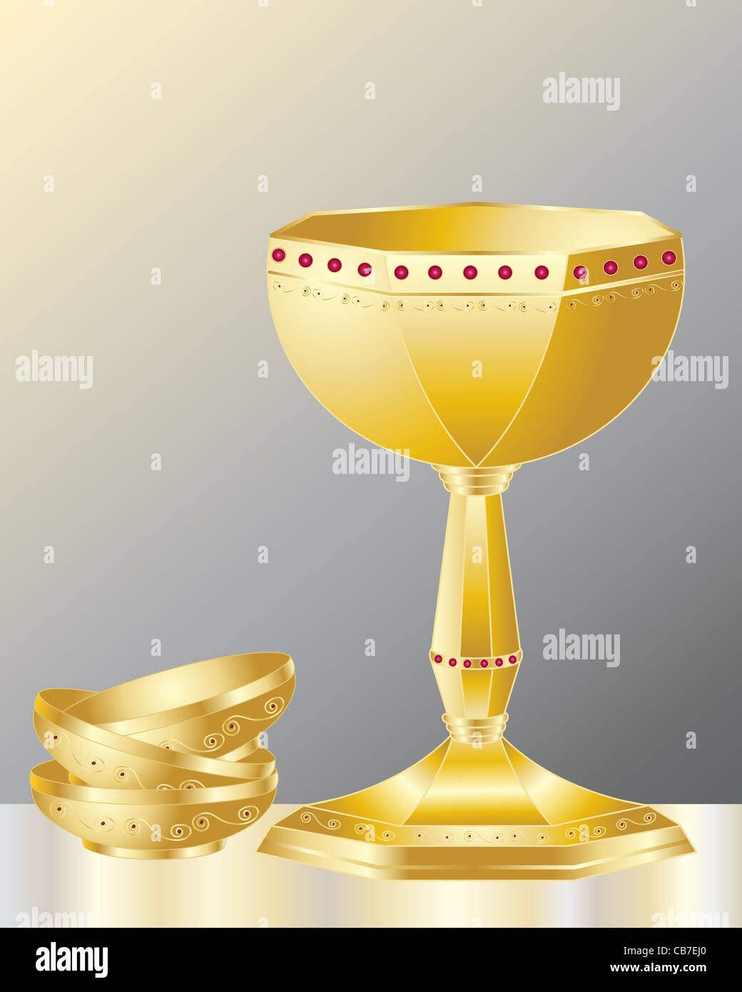 an illustration of a golden decorative chalice with fancy gold bowls on a dark background Stock