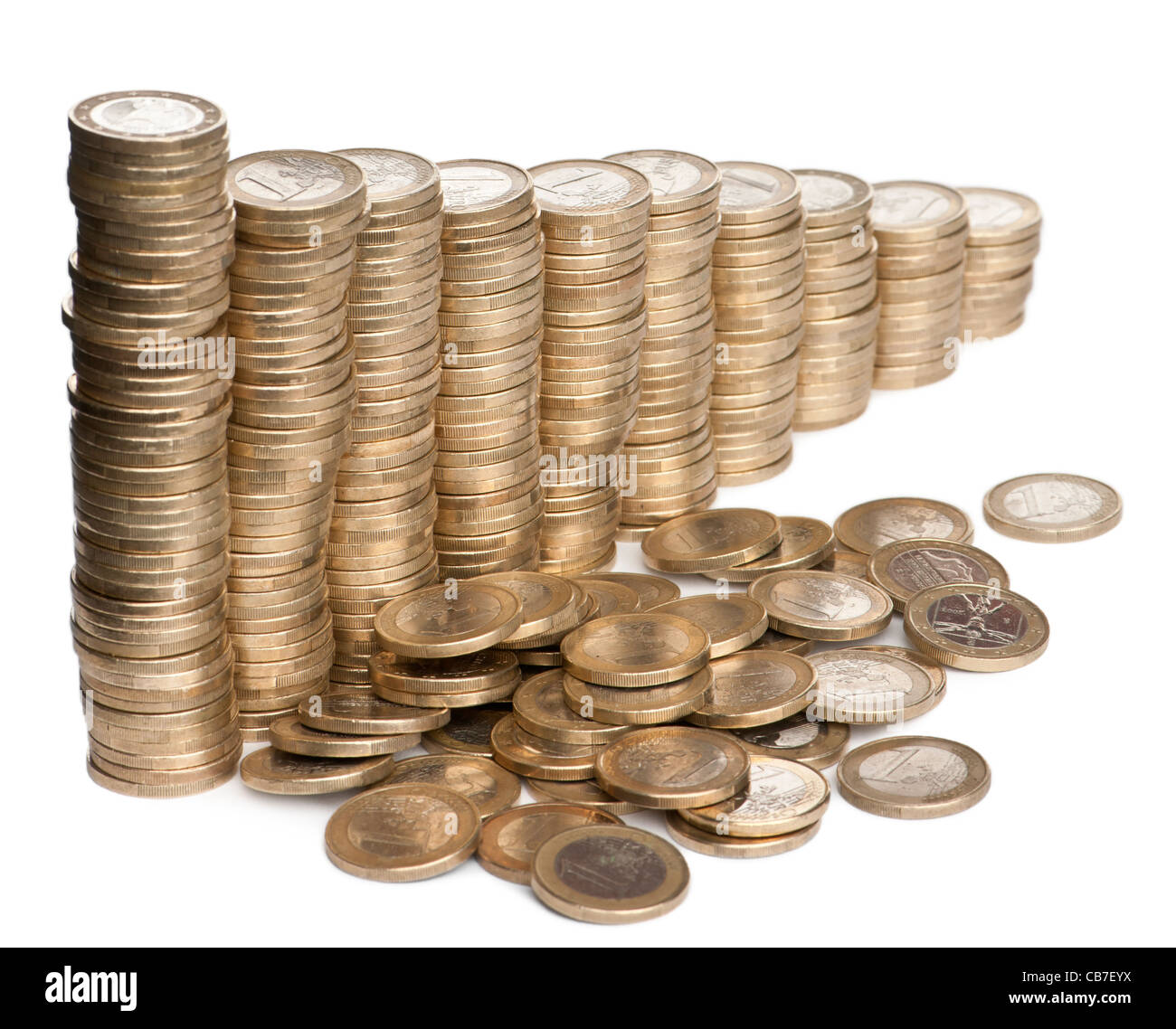 Stacks of 1 Euro Coins in front of white background Stock Photo