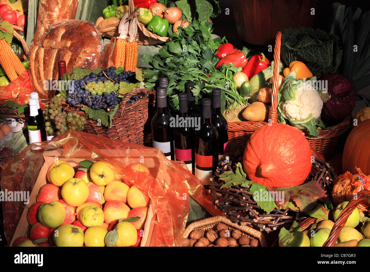 Thanksgiving fruit, vegetables and wine package. Stock Photo