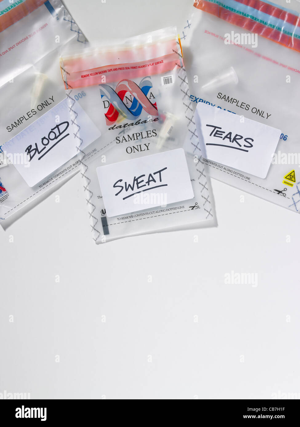 3 DNA Evidence Bags labeled blood, sweat, and tears Stock Photo - Alamy