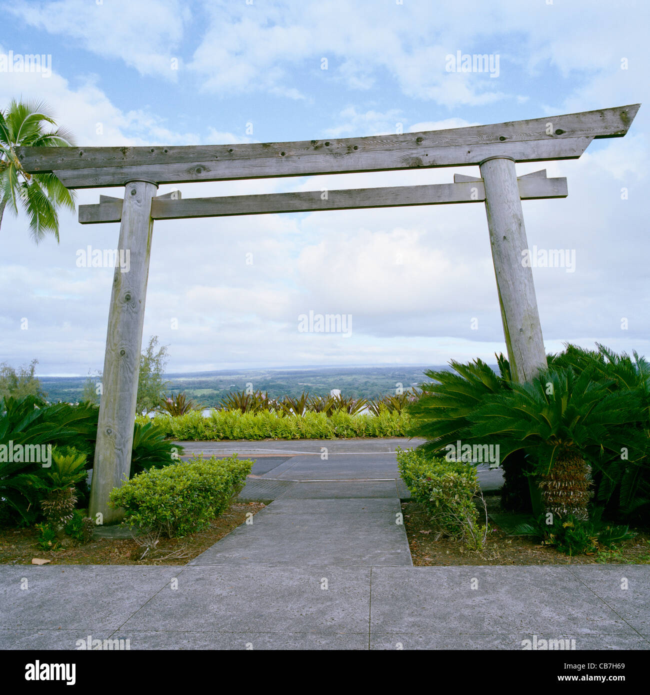 Japanese gate Lili'uokalani Gardens Hilo Big Island Hawaii Stock Photo