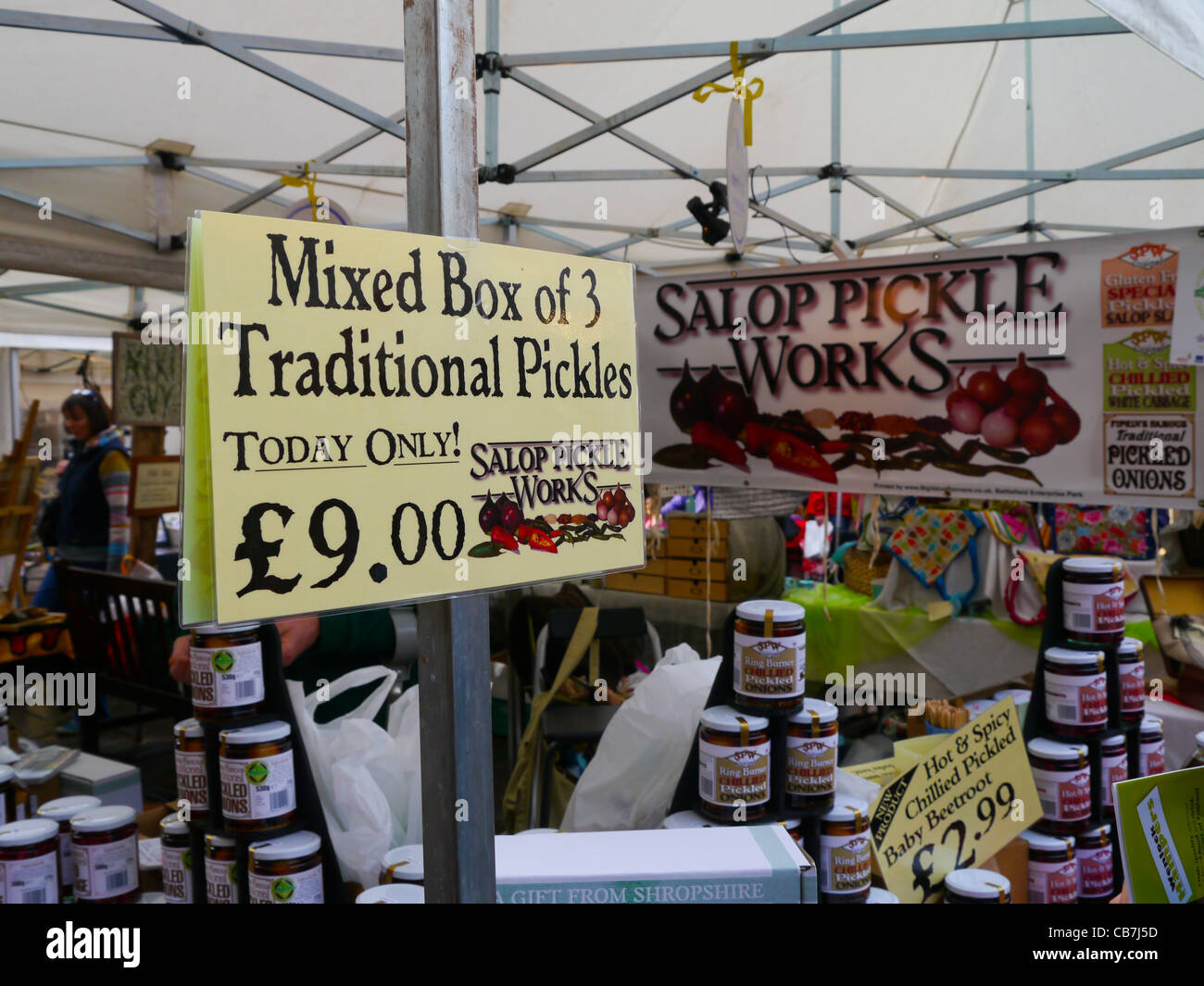 Pickle stall at Made in Shropshire market Shrewsbury Shropshire England Stock Photo