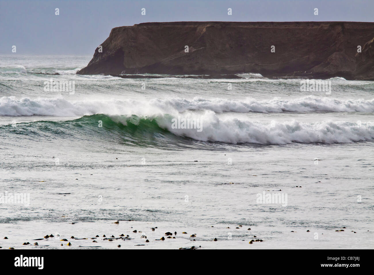 White-capped, crashing waves and high surf on pacific ocean at Point Arena pier inlet on Pacific coast of Northern California. Stock Photo