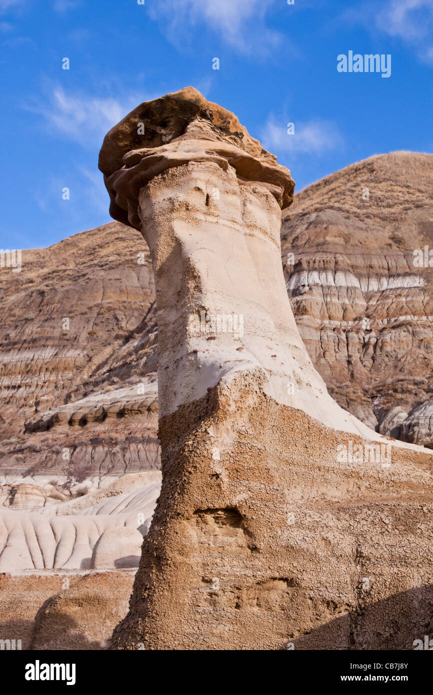 Hoodoos in the Canadian Badlands in Alberta, Canada. East of Drumheller, the Hoodoo Drive Trail (Hwy 10) is named for these oddly shaped formations. Stock Photo