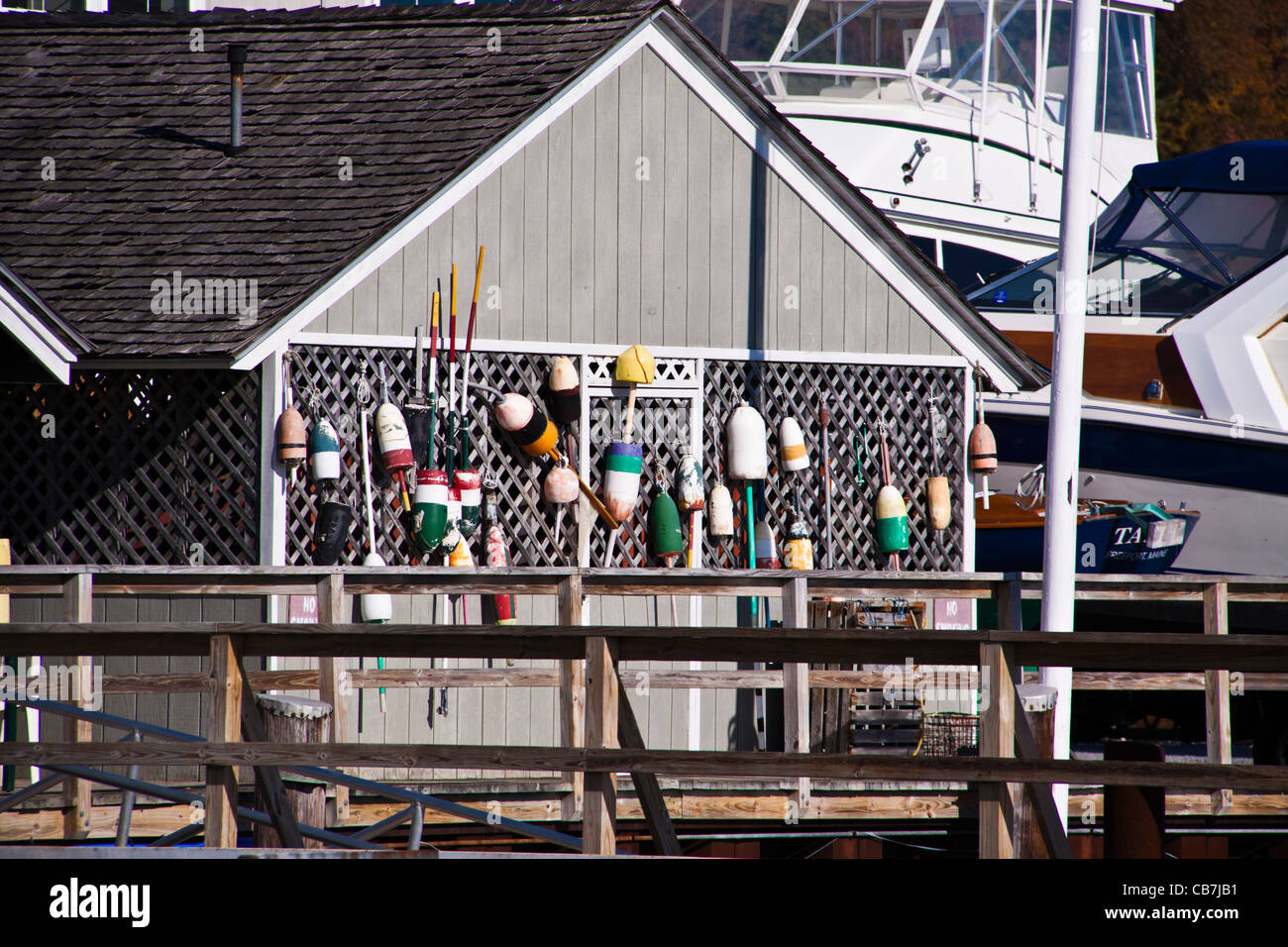 Lobster and Fishing Buoys at South Freeport Town Wharf and harbor area, South Freeport, Maine. Stock Photo