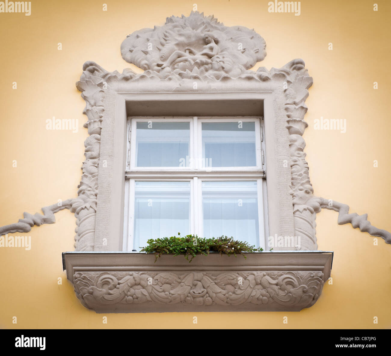 beautiful old stucco work window with flower on facade of old house in europe Stock Photo