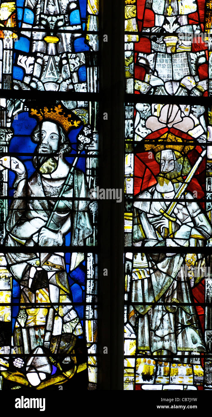 Stained glass panel of  unknown Kings, 14th century medieval, Great East Window, Gloucester Cathedral, Gloucestershire, England, Stock Photo