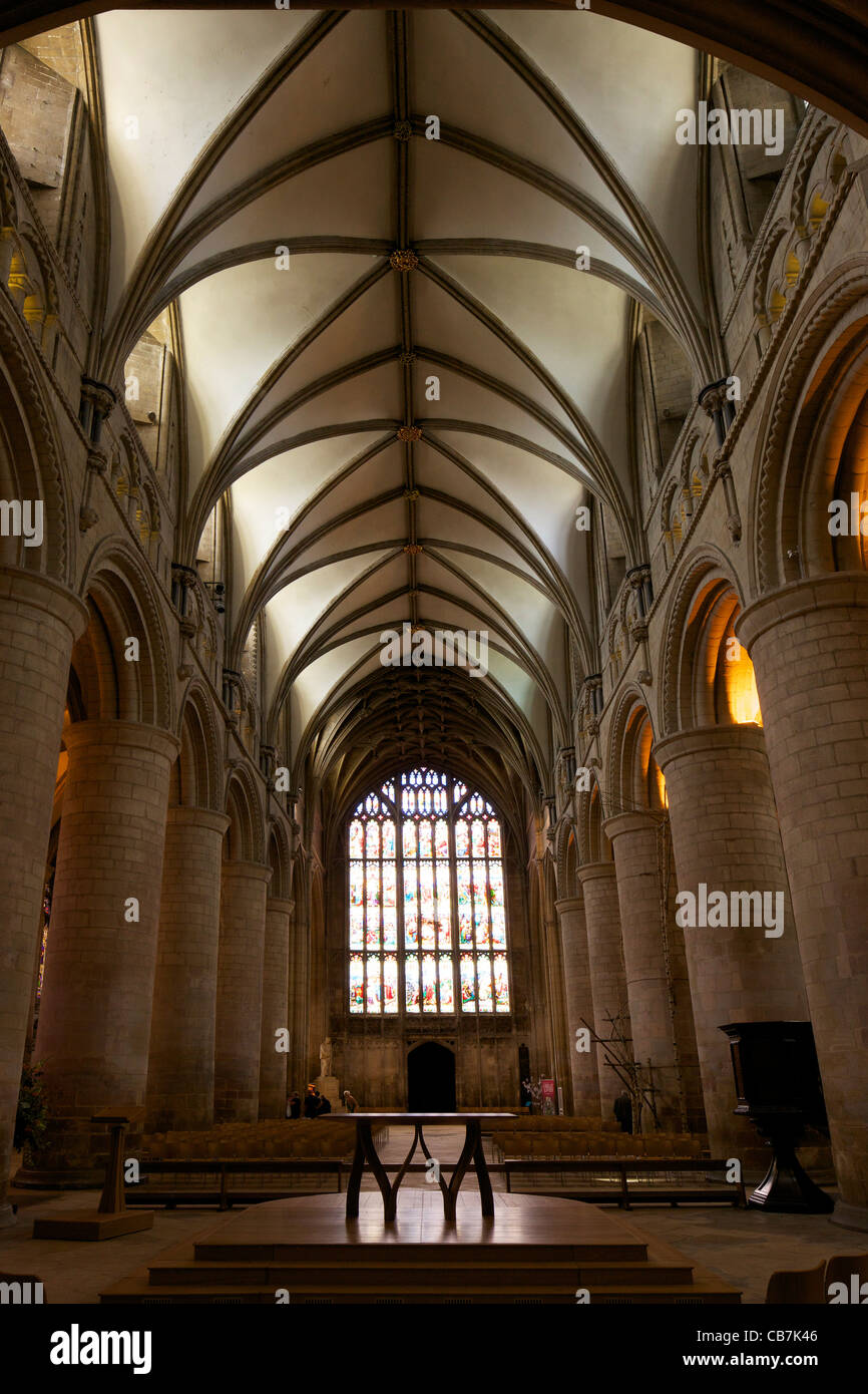 11th Century romanesque nave,  Gloucester Cathedral, Gloucestershire, England,  UK, United Kingdom, GB, Great Britain, Stock Photo