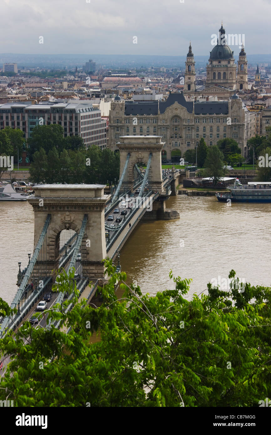 Chain Bridge on the Danube River, Budapest, Hungary Stock Photo