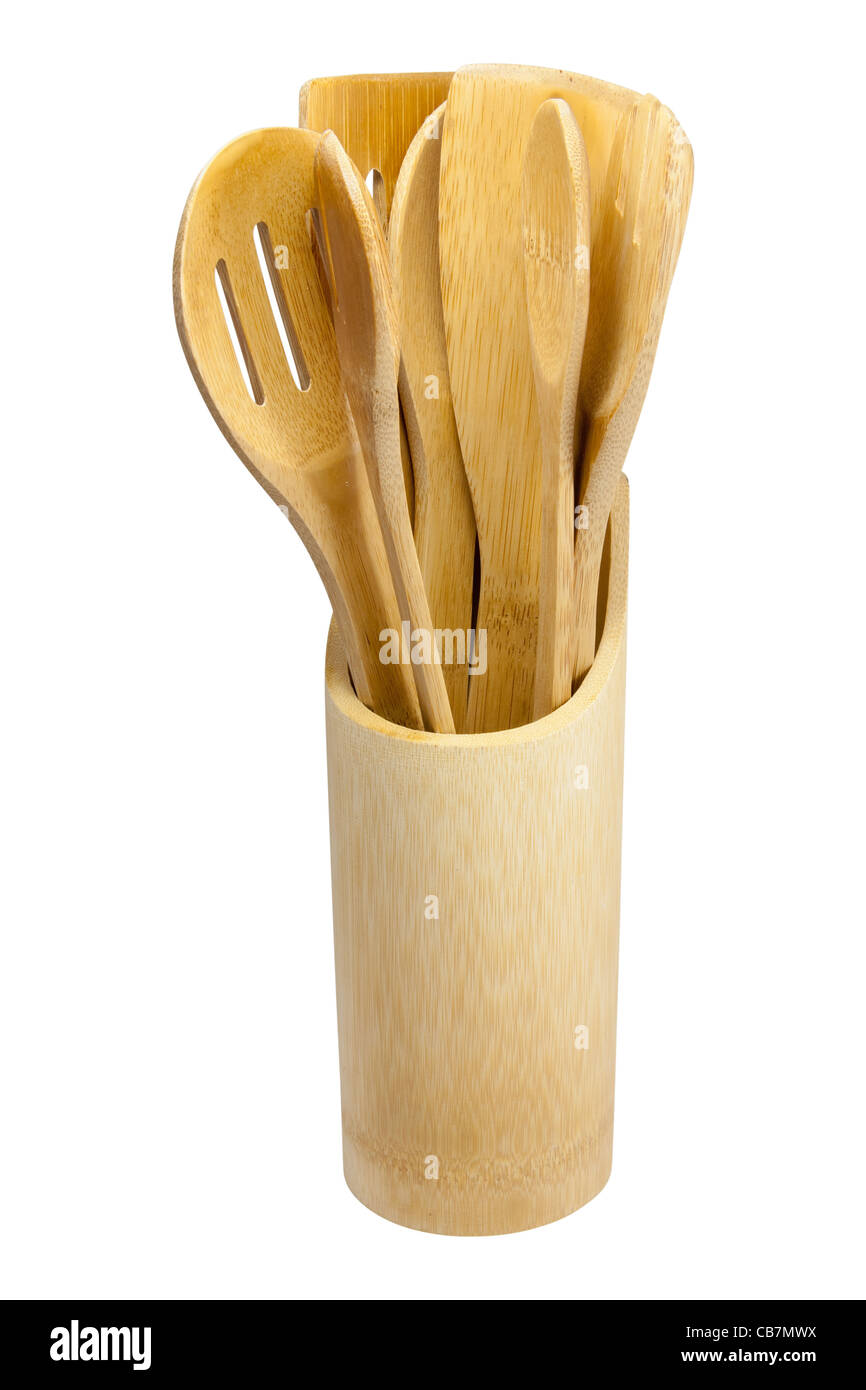 Set Of Bamboo Kitchen Tools Isolated On White Background Set Of Bamboo Kitchen Tools Isolated On White Background