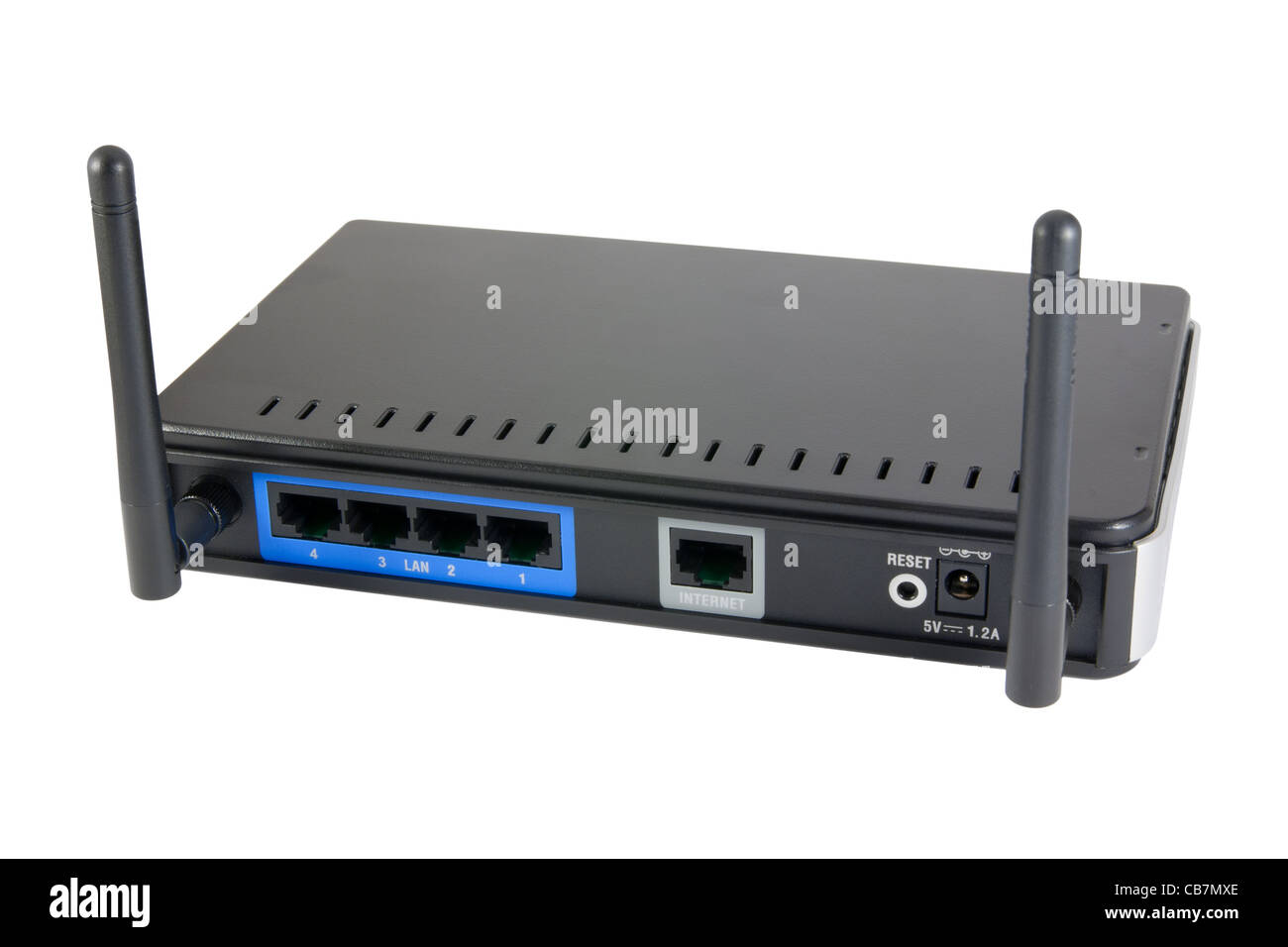 New black WiFi internet router with four LAN ports and two antennas.  Isolated on white background with clipping path Stock Photo - Alamy