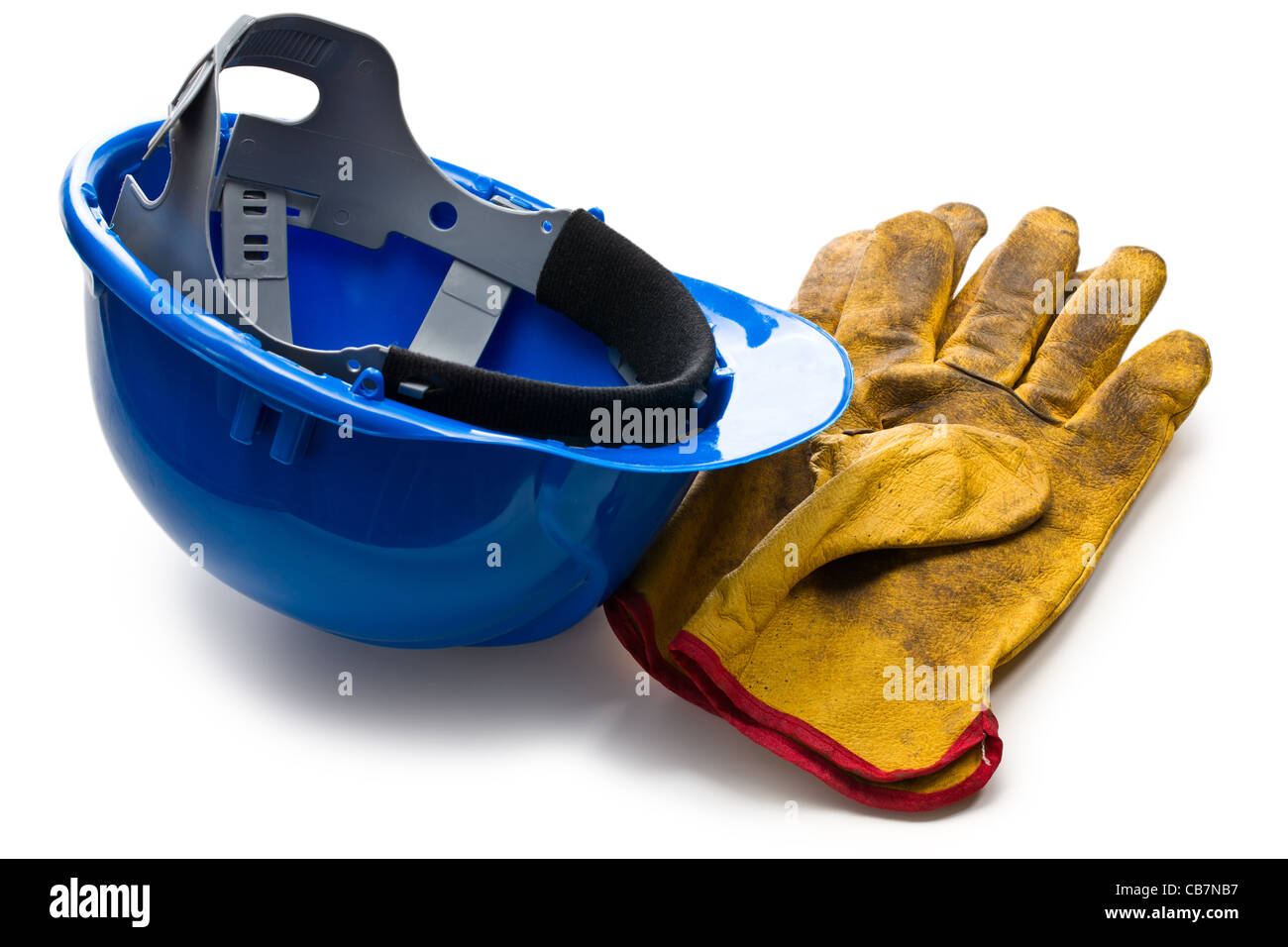 the blue hardhat and leather working gloves Stock Photo
