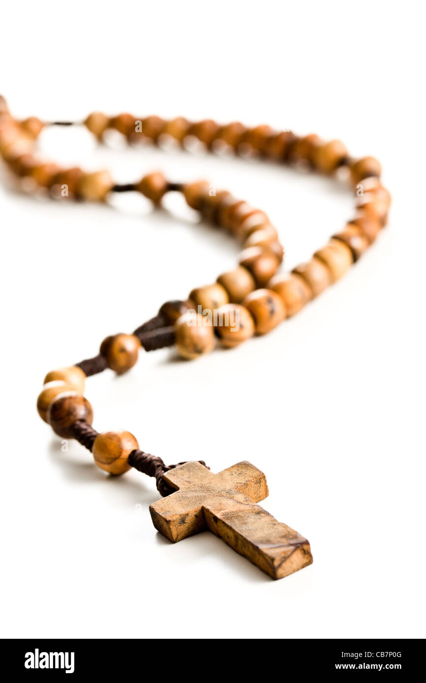 Wooden rosary beads on white background Stock Photo - Alamy