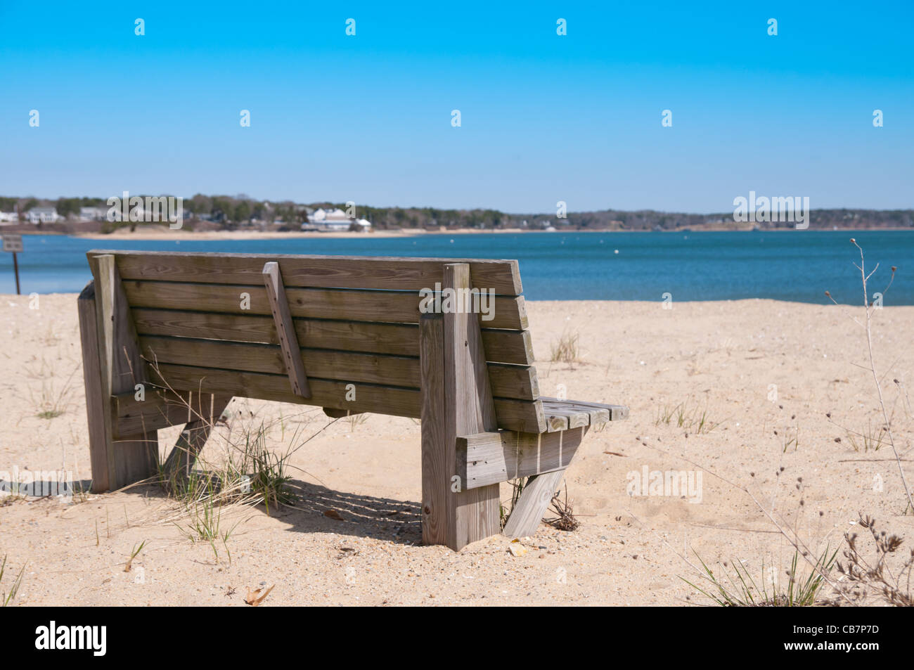 Empty bench in Chatham beach, Cape Cod Stock Photo