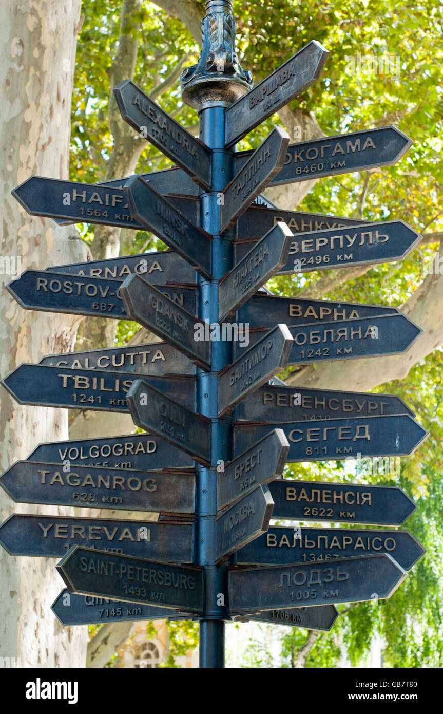 Street sign pointing the way to many destinations. Odessa. Ukraine Stock Photo