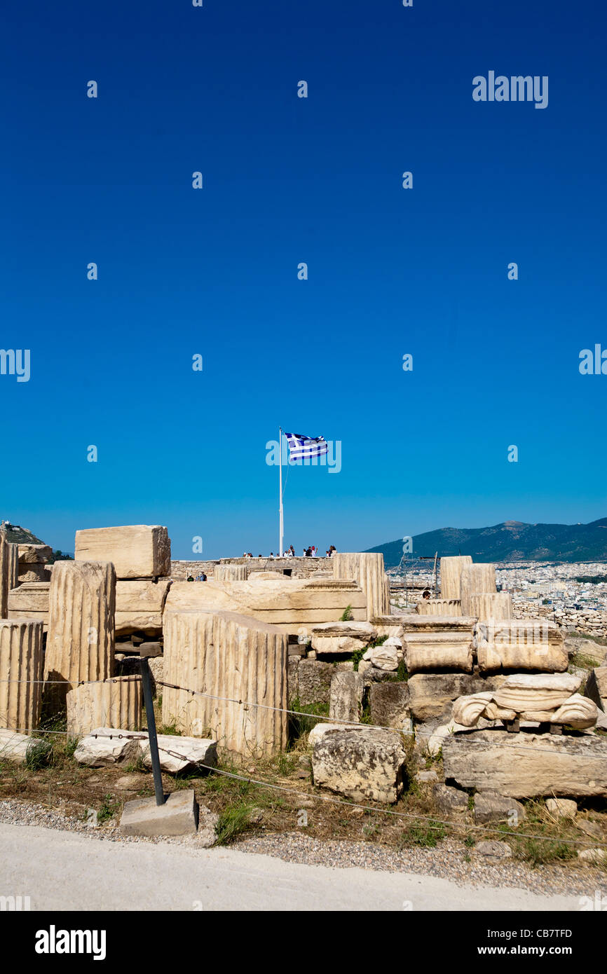 Travel and architecture shots from Greece - Greek flag ondulating by the top of the Akropolis Stock Photo