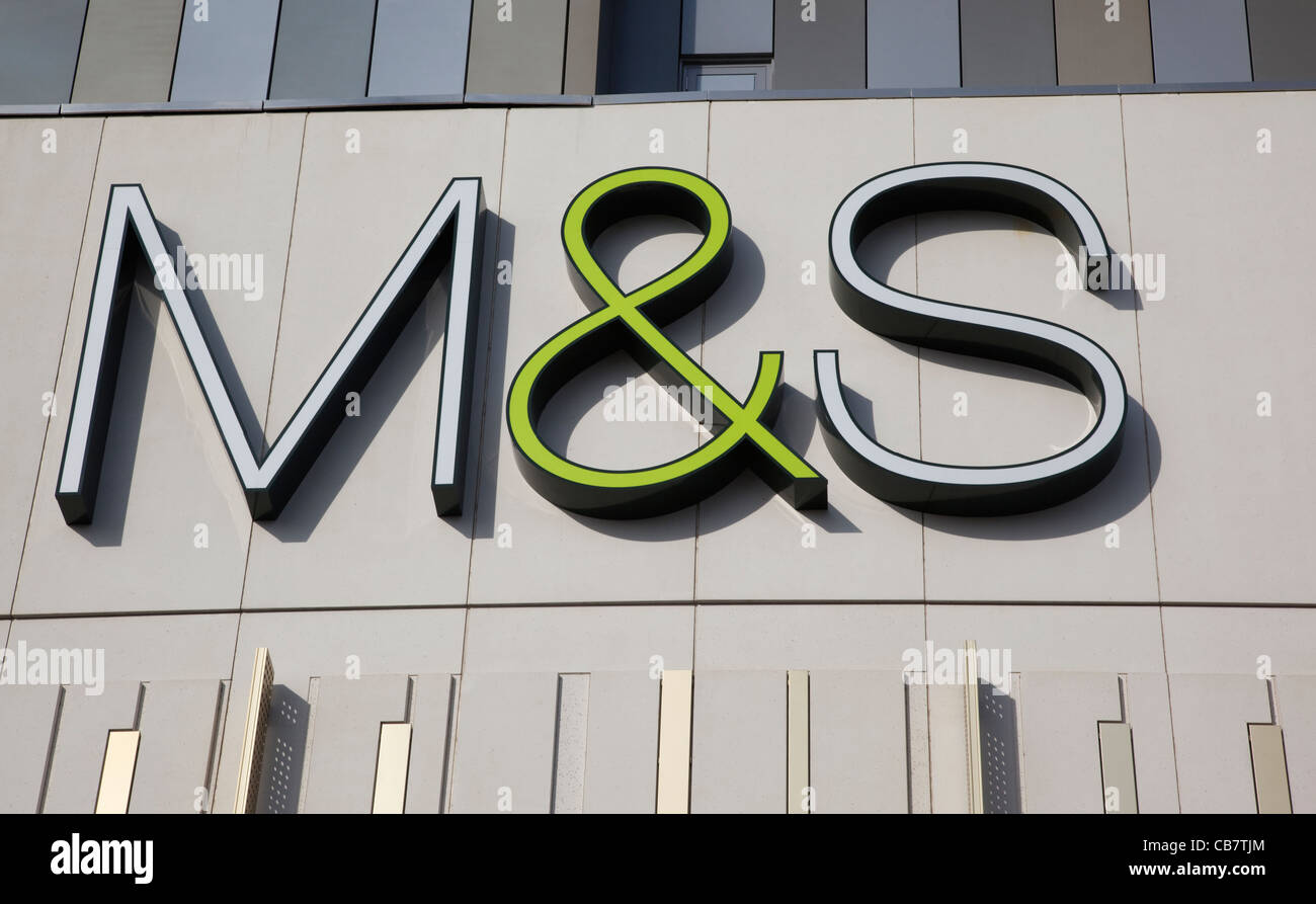 Marks & Spencer, M&S, Logo on the facade of the Westfield shopping centre in Stratford, London Stock Photo