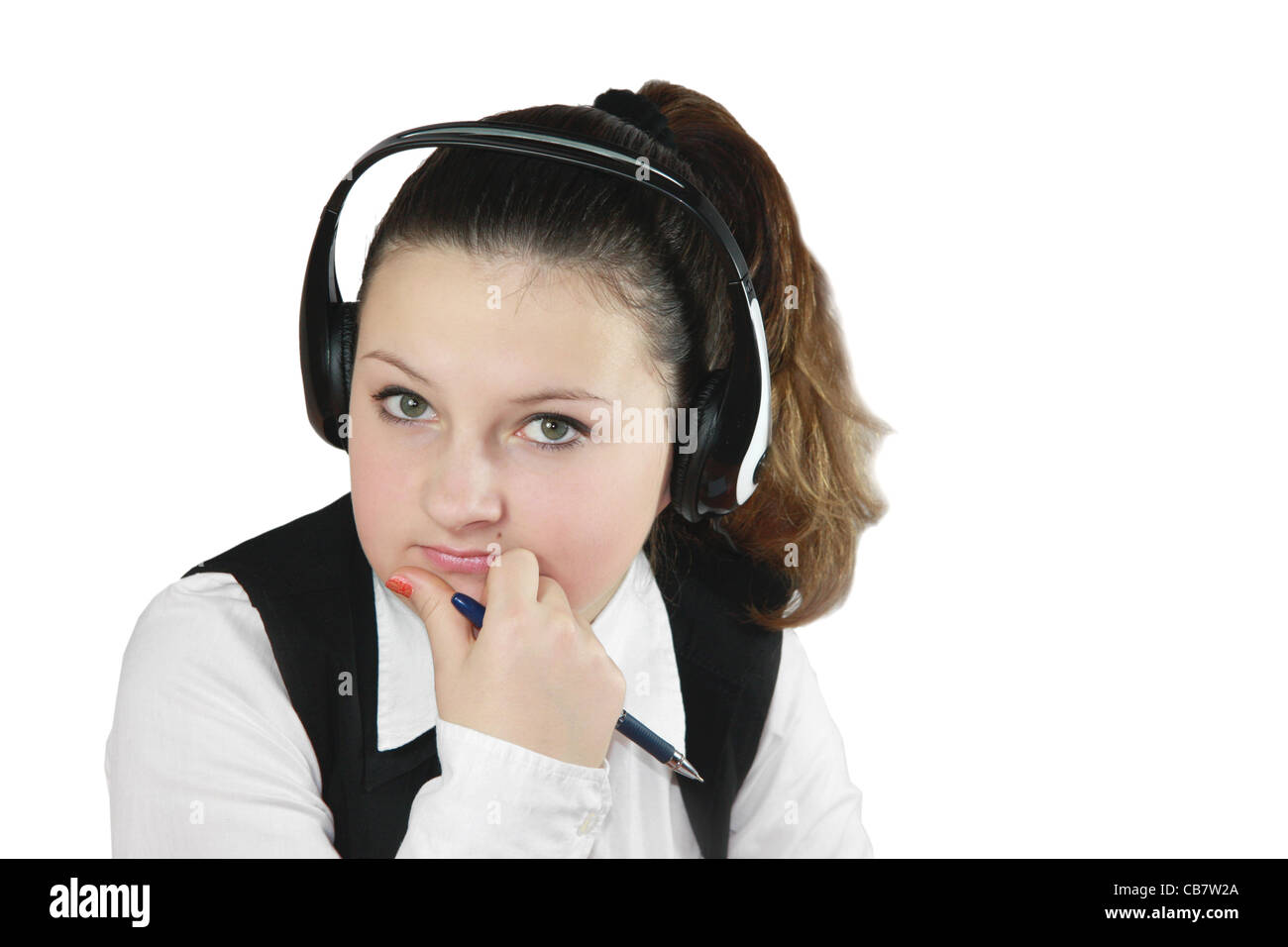 a young office worker girl in headphones operator Stock Photo
