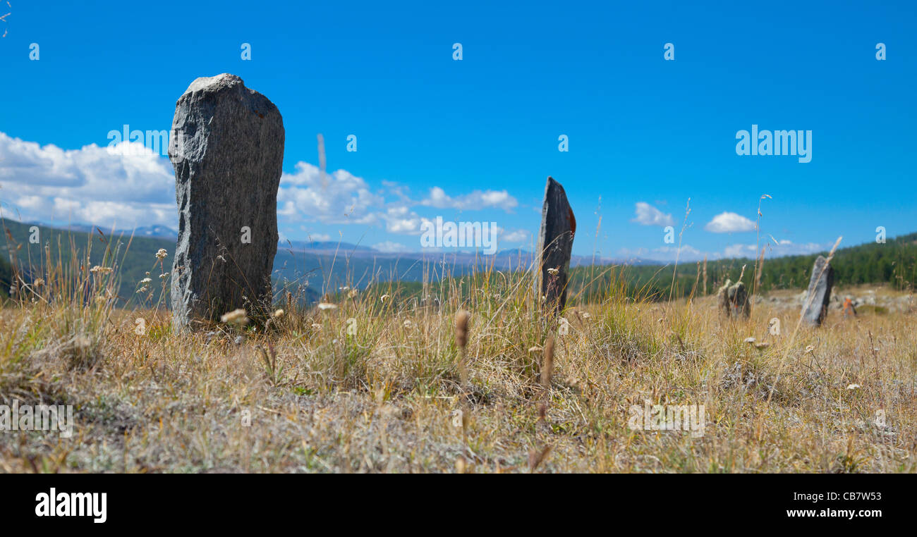 Ancient graves in the steppes of the Mongolian Altai Stock Photo