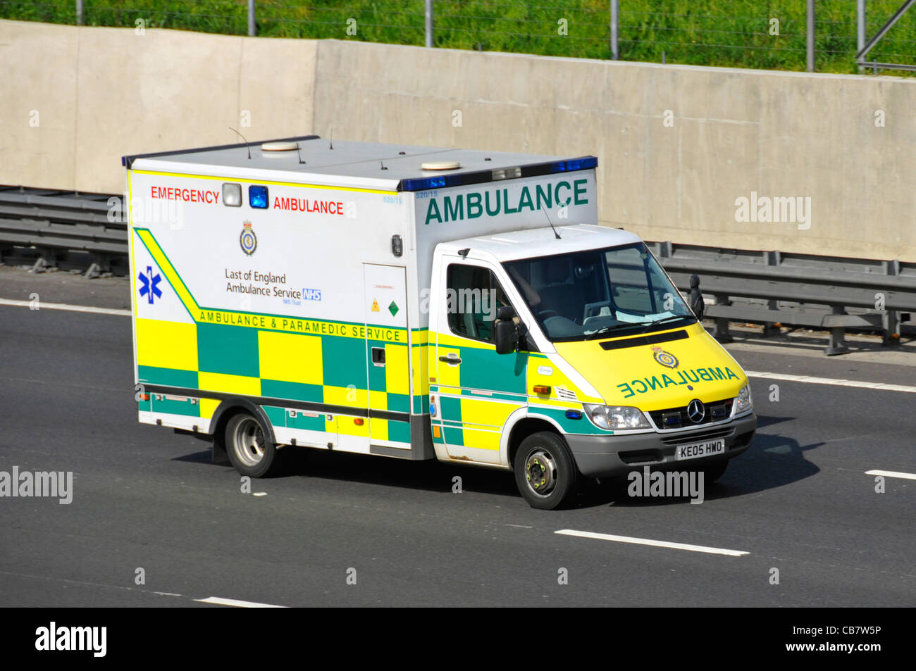 Emergency ambulance apparent spelling mistake on side stating Last instead of (assumed) East or possibly vandalism (has not been digitally altered) Stock Photo
