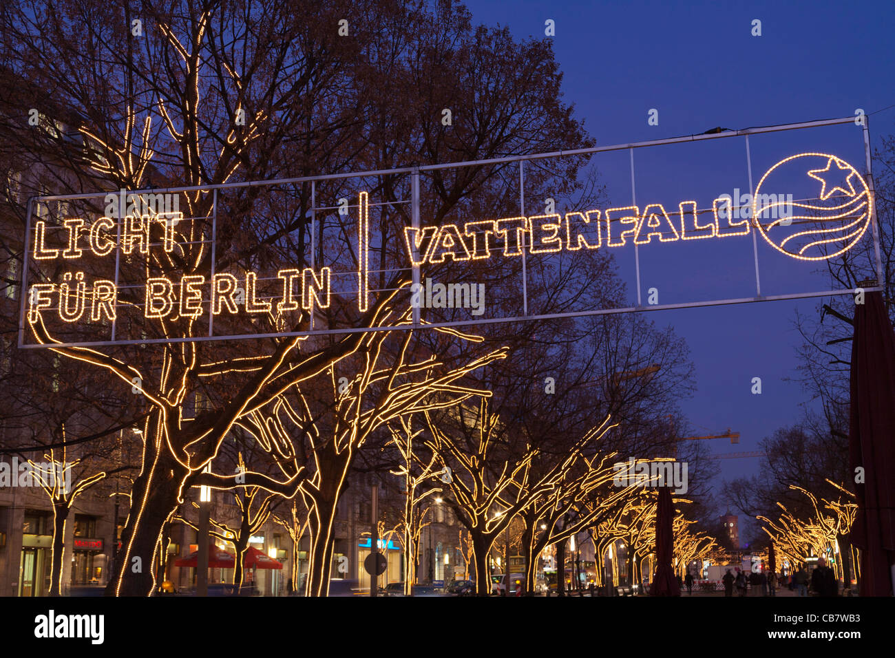 Unter den Linden, Christmas illumination, winter, evening, avenue, street, Vattenfall, Berlin, Germany, Europe Stock Photo