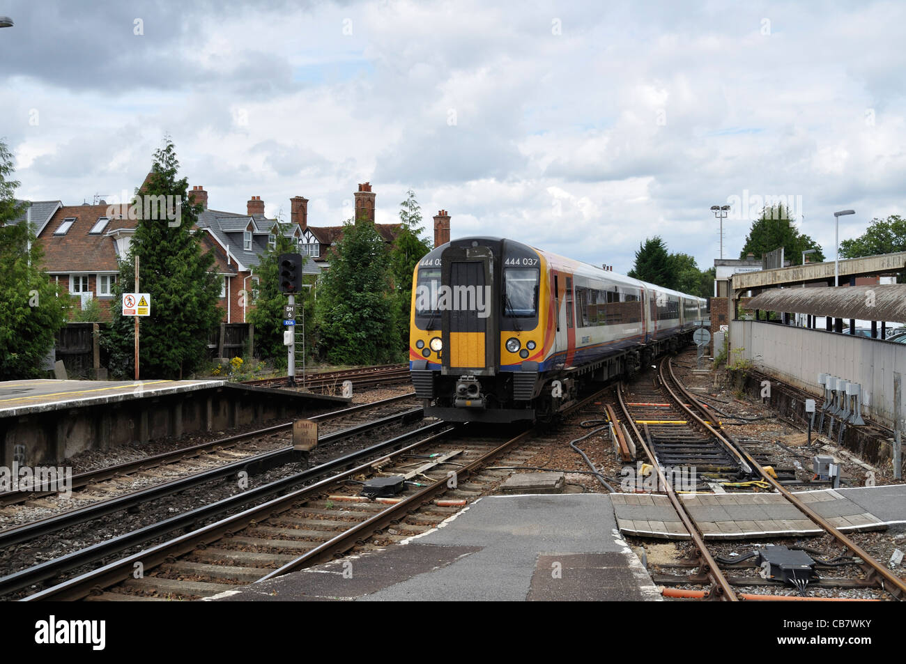 A South West Trains Class 444 electric multiple unit arrives at Brockenhurst station on a London to Weymouth service. Stock Photo